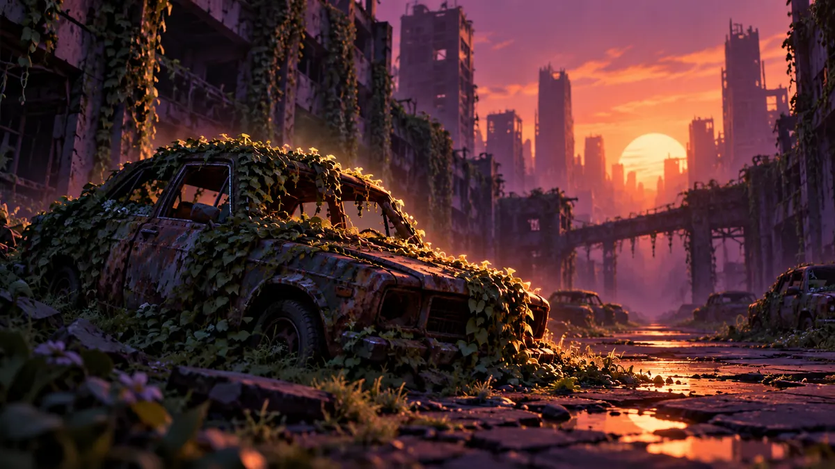 An overgrown city street at dusk where a few objects glow with bright outlines against a dimmed scene