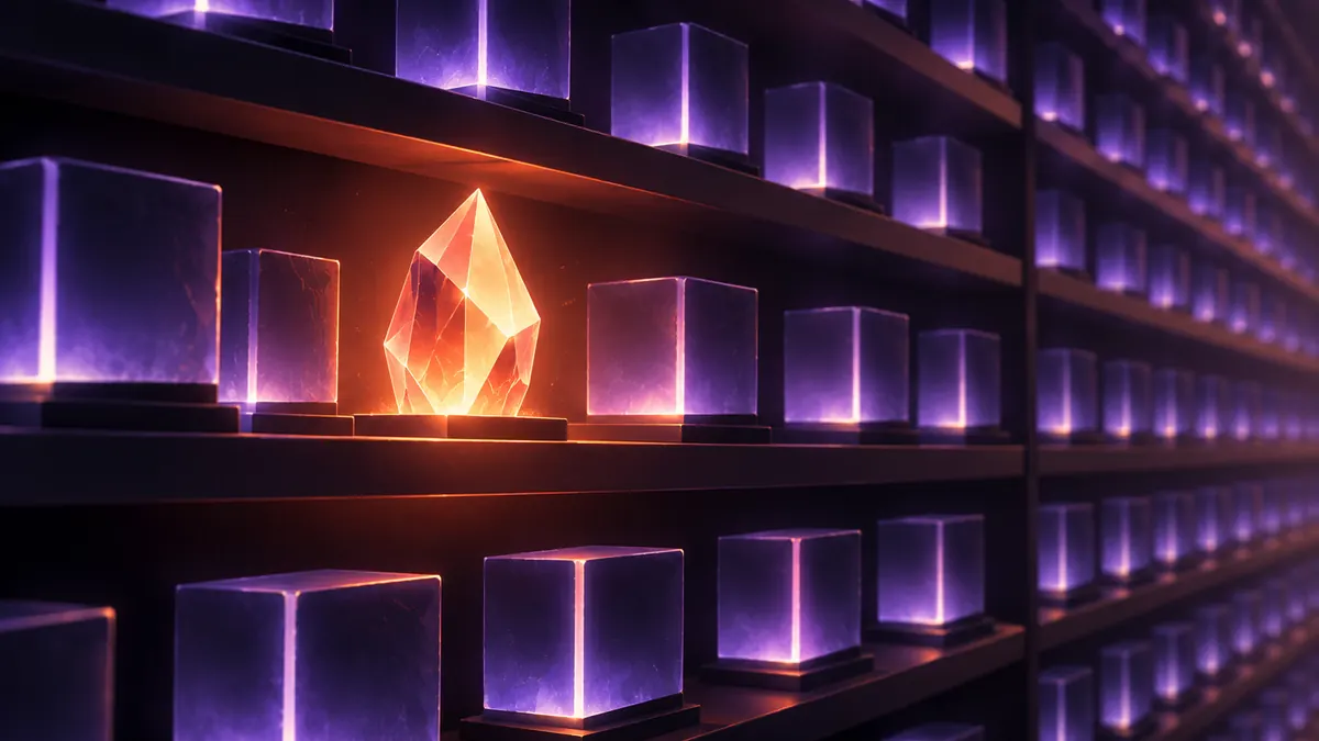 Abstract illustration of rows of identical glowing cubes with one distinct crystal standing out.