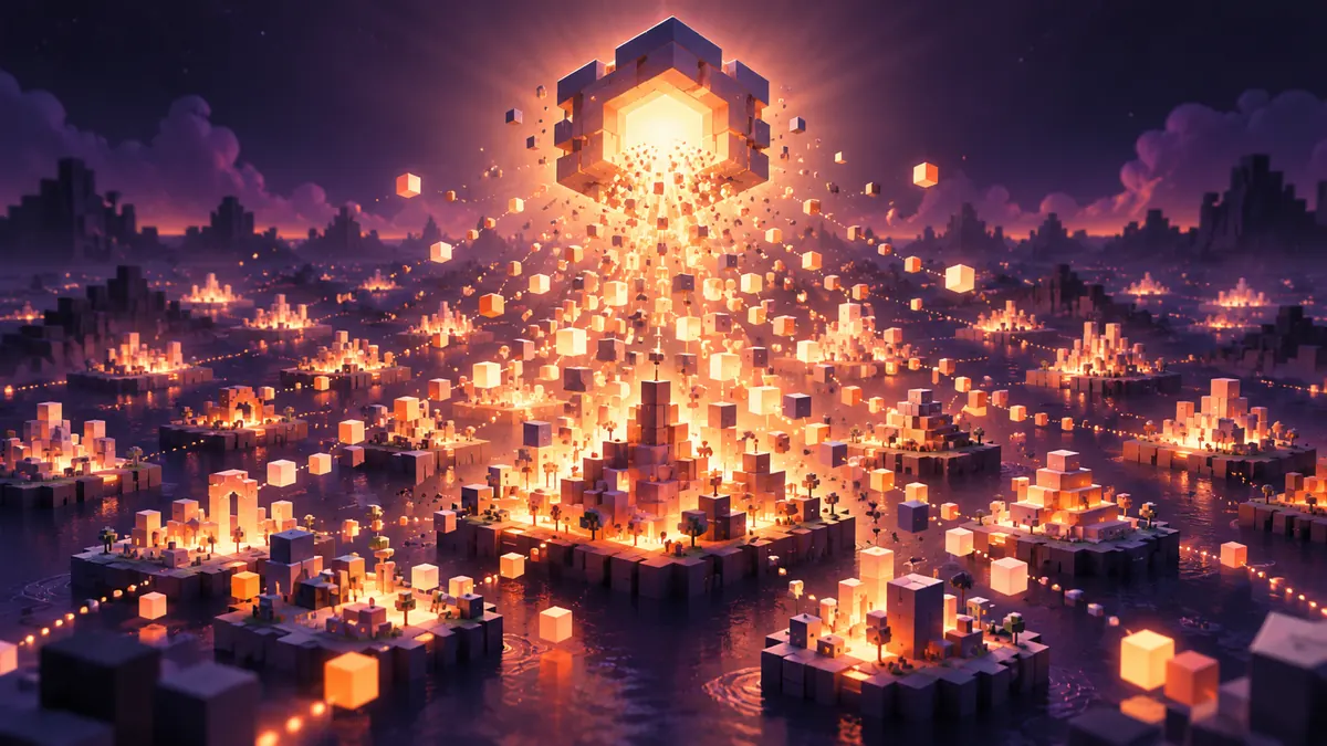 Illustration of glowing blocks pouring from a point of light and forming many small block worlds